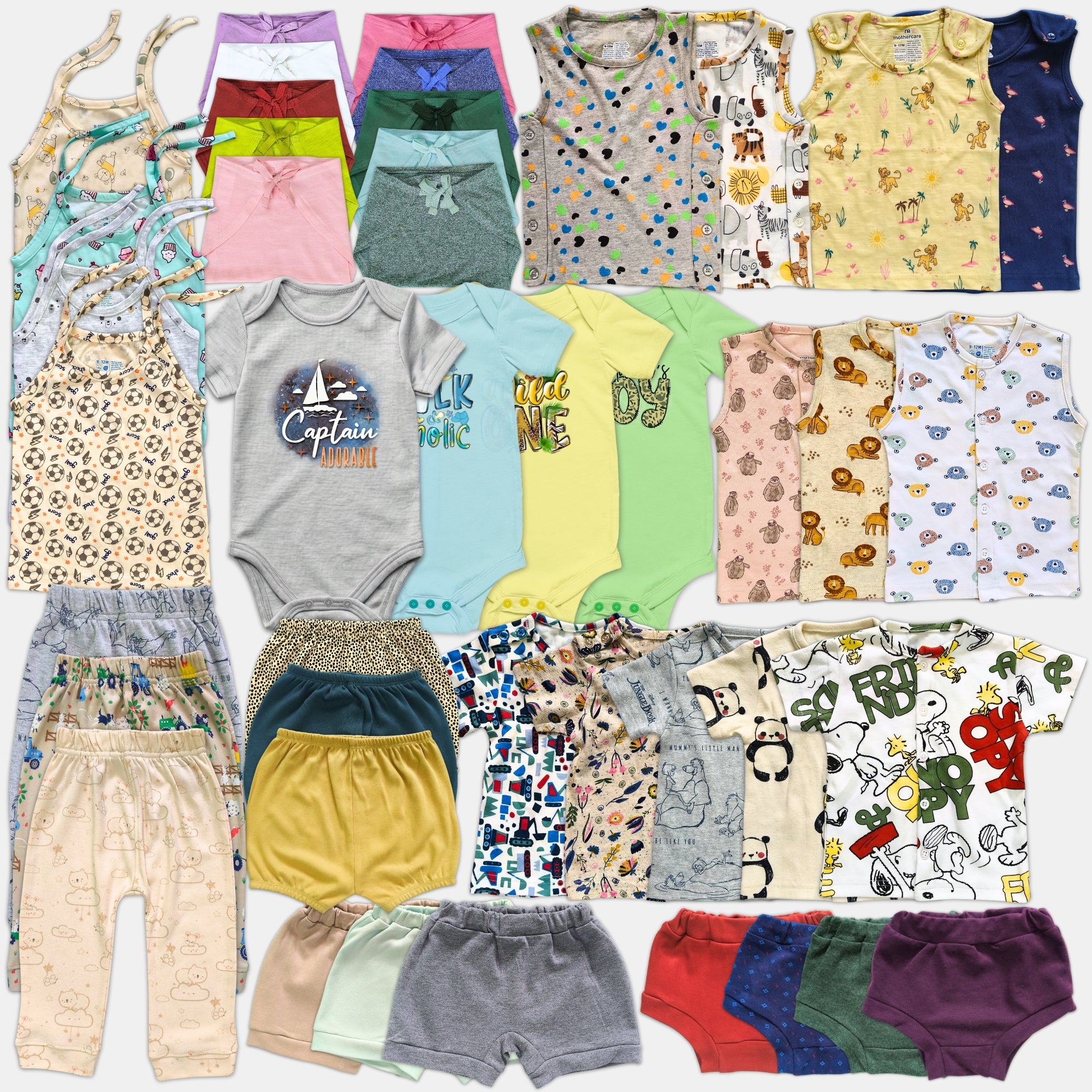 Collection of various children's clothing items including shirts, pants, and shorts with different patterns and colors.