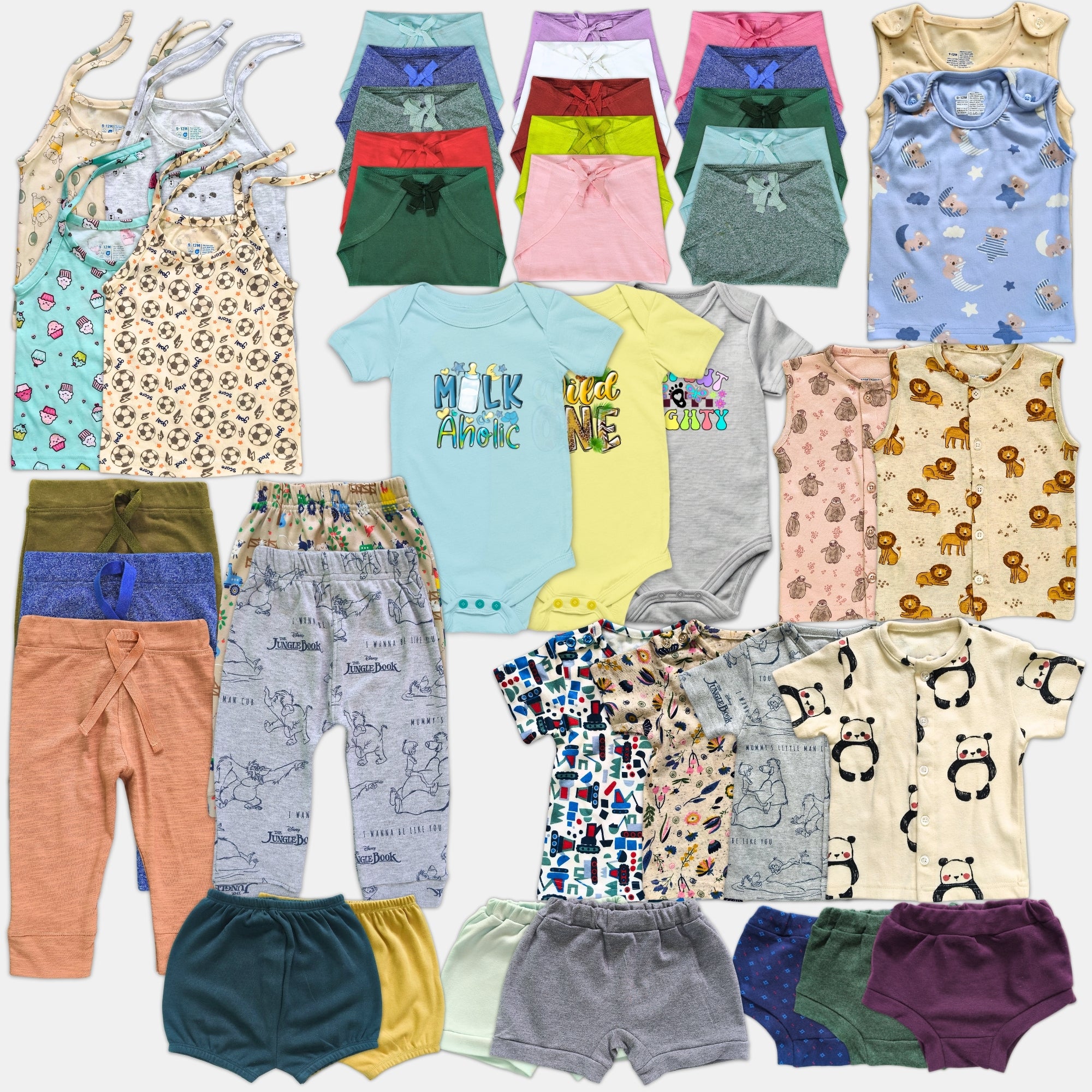 Collection of baby clothes including shirts, pants, and shorts in various colors and patterns on a white background.