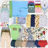 Collection of various baby clothes including shirts, pants, and onesies with different patterns and colors.