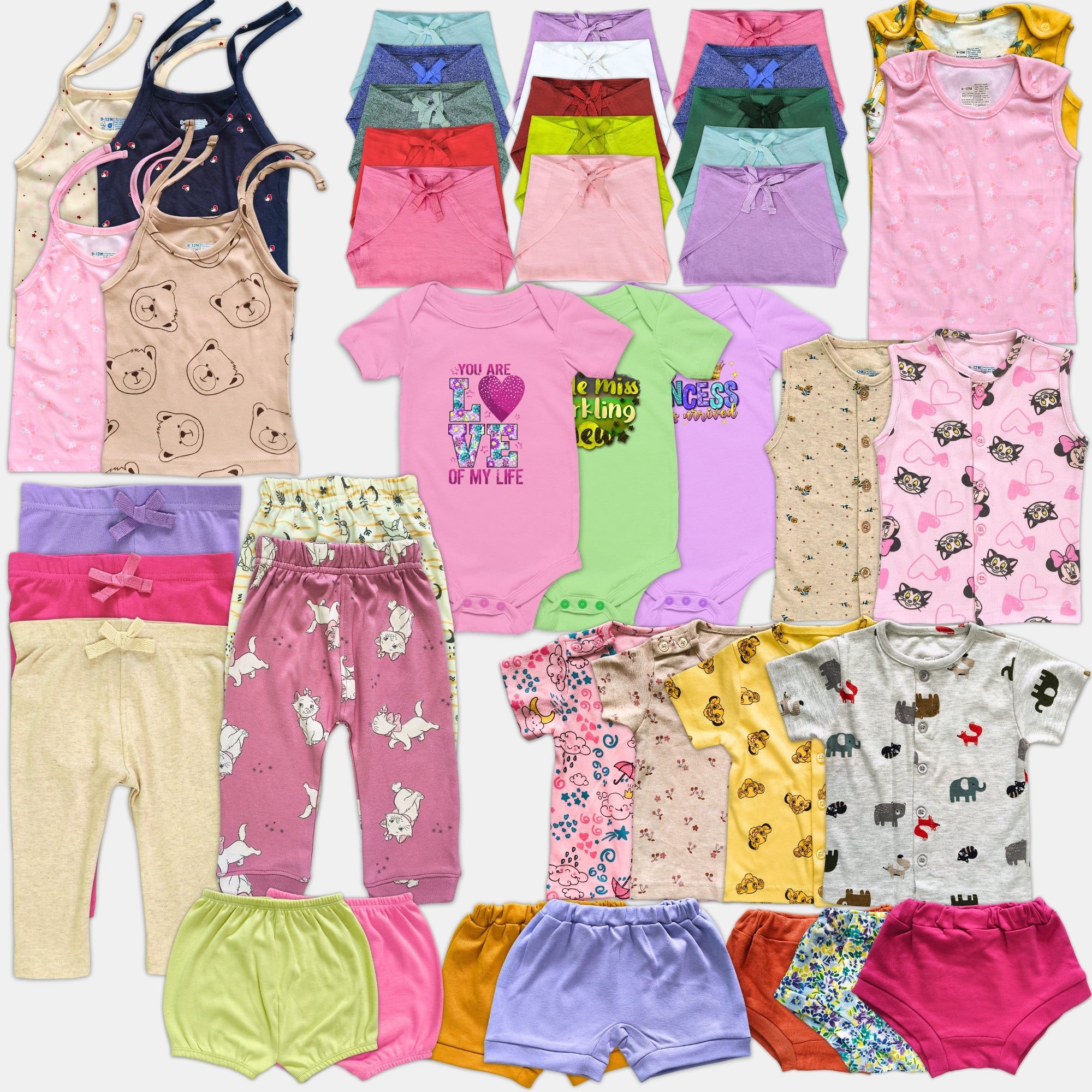 Assorted children's clothing including shirts, pants, and shorts on a white background