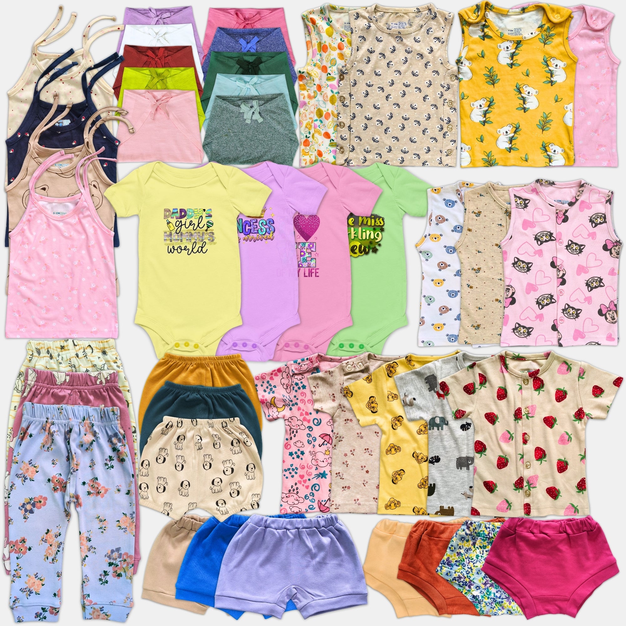 Collection of baby clothes including onesies, tank tops, shorts, and pants in various patterns and colors.