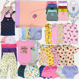Collection of various children's clothing items including shirts, pants, and onesies.